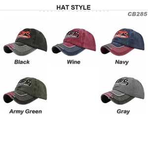Flat lay of five distressed cotton baseball caps with 3D embroidery in assorted colors
