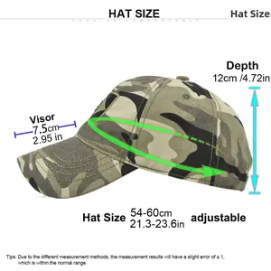 Camouflage baseball hat with Brazil flag embroidery and adjustable size chart specifications