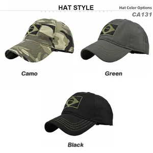 Detailed view of camo, green, and black baseball caps with Brazil flag patches on front
