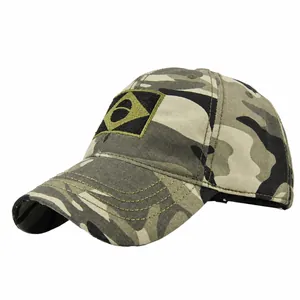 Detailed view of a tactical camouflage baseball cap featuring a Brazil flag element patch