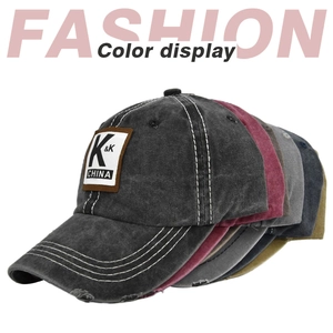 Detail display of vintage washed baseball caps in various colors with K&K patch