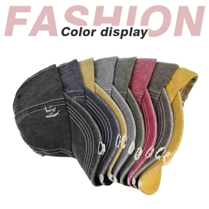 Distressed denim brimless Docker caps showing eight colors with white stitching details