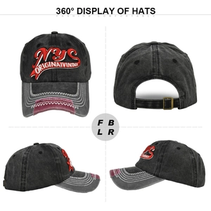 Detail view of vintage NYC embroidery and distressed brim on washed cotton baseball cap