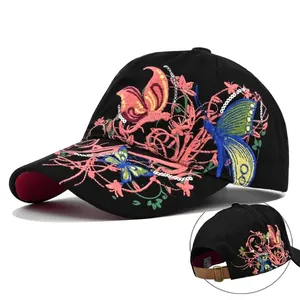 Women Fashion Sequined Butterfly Floral Embroidered Baseball Cap Cotton Adjustable Outdoor Sport Casual Sun Hat Accessories