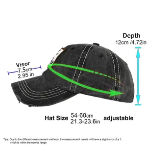 Vintage distressed baseball cap size guide with adjustable strap measurements
