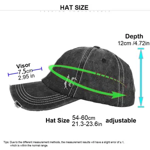 Size chart for vintage distressed baseball cap with 54-60cm adjustable head circumference