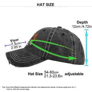 Vintage cotton baseball cap size chart with 54-60cm adjustable head circumference