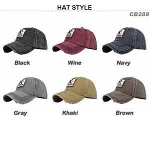 Detailed grid showing vintage washed cotton baseball caps in six colors with K patches