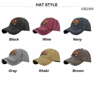 Detailed view showing vintage distressed baseball caps in six assorted colors with zippers