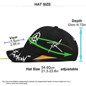 Size chart for graffiti baseball cap with measurements for circumference and visor length