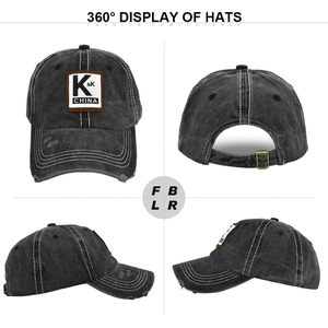 Vintage washed charcoal baseball cap with KK patch and distressed brim in 4 view display