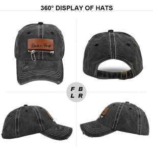 Vintage black distressed baseball cap with leather patch and zipper detail, 360-degree views