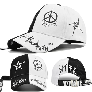 Detailed views of graffiti baseball cap with star prints and long straps in monochrome