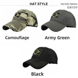 Tactical baseball cap featuring Brazil flag patch in camouflage, army green, and black colors
