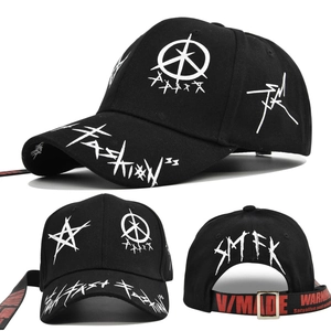 Graffiti baseball cap with white stars and extra-long industrial style straps
