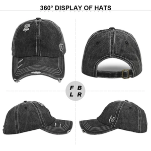 Detailed four-angle view of vintage distressed denim baseball cap with embroidery