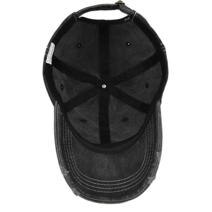 Detailed interior of vintage washed cotton baseball cap with reinforced seams and stitching