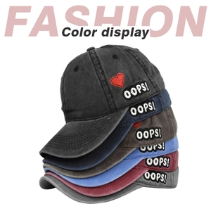 Detailed color display of washed cotton baseball caps with heart and OOPS embroidery