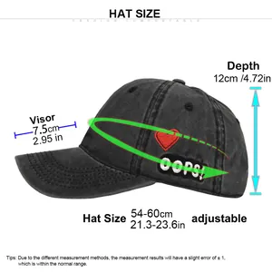 Size chart showing adjustable 54-60cm circumference for heart embroidery baseball cap