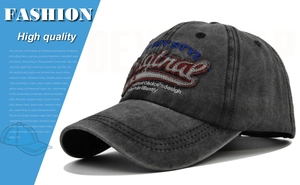 Detailed view of 3D embroidery and washed charcoal cotton fabric on a baseball cap