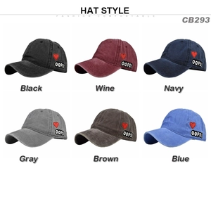 Vintage washed baseball caps with heart embroidery in black, wine, navy, and gray colors