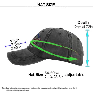 Size guide for vintage distressed baseball cap featuring adjustable head circumference and visor