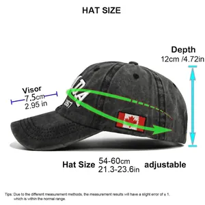 Distressed grey Canada baseball cap with 1867 embroidery and size measurement chart