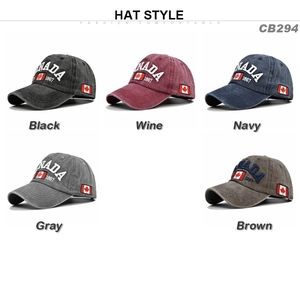 Washed cotton Canada embroidery baseball caps in black, wine, navy, gray, and brown