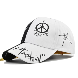 Detail view of graffiti print baseball cap with fashion letter pattern and long straps