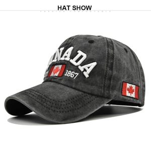 Close-up of Canada 1867 embroidery on washed charcoal cotton canvas baseball cap
