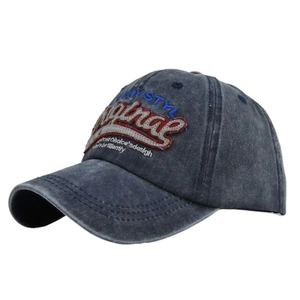 Detailed embroidery on vintage distressed navy baseball cap with My Style lettering
