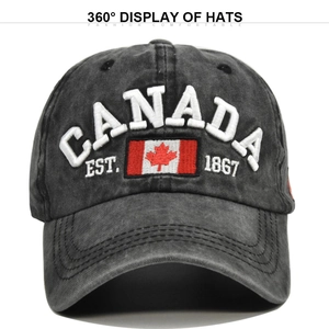 Macro view of high-quality embroidery on washed black cotton Canada baseball hat