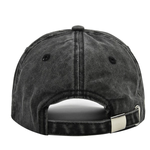 Close-up of the vintage washed baseball cap back with adjustable metal buckle strap