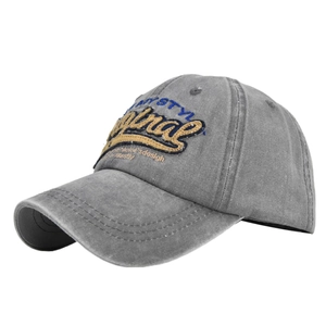 Close-up of vintage grey cotton baseball cap with yellow Original 3D embroidery detail