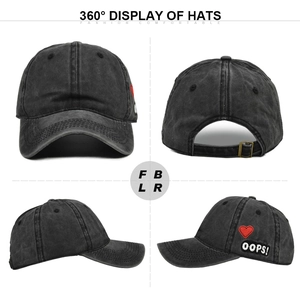 Washed black cotton baseball cap with heart embroidery shown from multiple angles