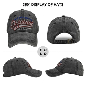 Vintage dark grey washed cotton baseball cap with 360-degree views and 3D embroidery