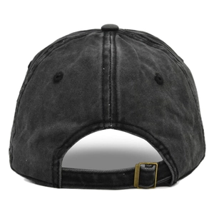 Detail of baseball cap back with vintage washed texture and metal buckle adjustment