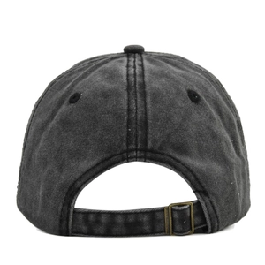 Detailed back view of vintage washed charcoal grey cotton baseball cap with adjustable strap