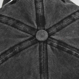 Detail of grey washed cotton baseball cap showing top button and stitched seams