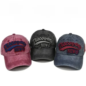 Detailed view of three washed baseball caps featuring 3D Discovery NEW embroidery