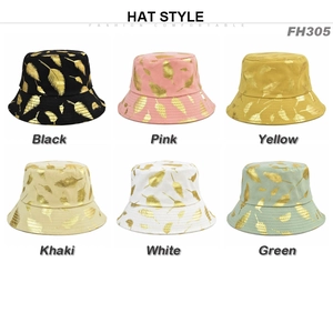 Détail de six chapeaux bobs avec motifs de feuilles dorées en plusieurs coloris tendance