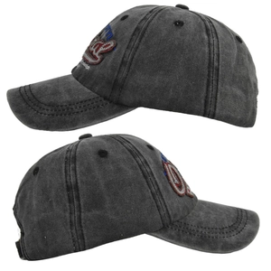 Detailed side view of vintage washed grey baseball cap with colorful 3D embroidery