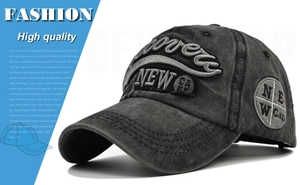 Detailed embroidery on vintage washed grey baseball cap with high-quality stitching