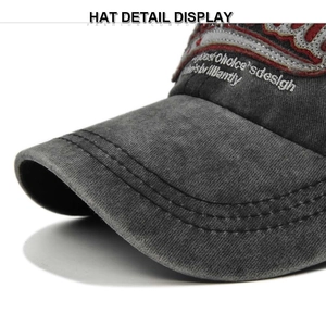 Detail display of vintage washed dark gray baseball cap with red letter embroidery