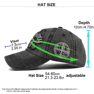 Size chart showing adjustable strap, depth, and visor length for vintage baseball cap