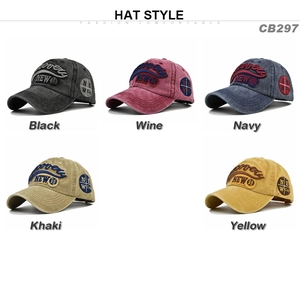 Grid display showing washed cotton baseball caps in five vintage colors with 3D embroidery