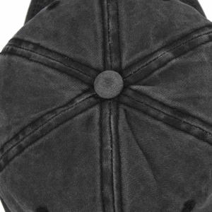 Top view detail of washed cotton baseball cap with six-panel stitching and top button