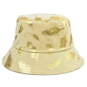 Chapeau bob à imprimé feuille d'or en tissu beige avec large bord pour protection solaire