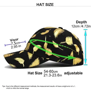 Black baseball cap with golden leaf print and adjustable size specifications guide