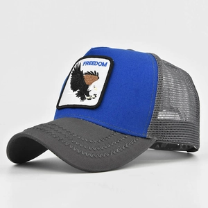 Detail of blue freedom eagle embroidery on grey mesh trucker hat with contrast visor